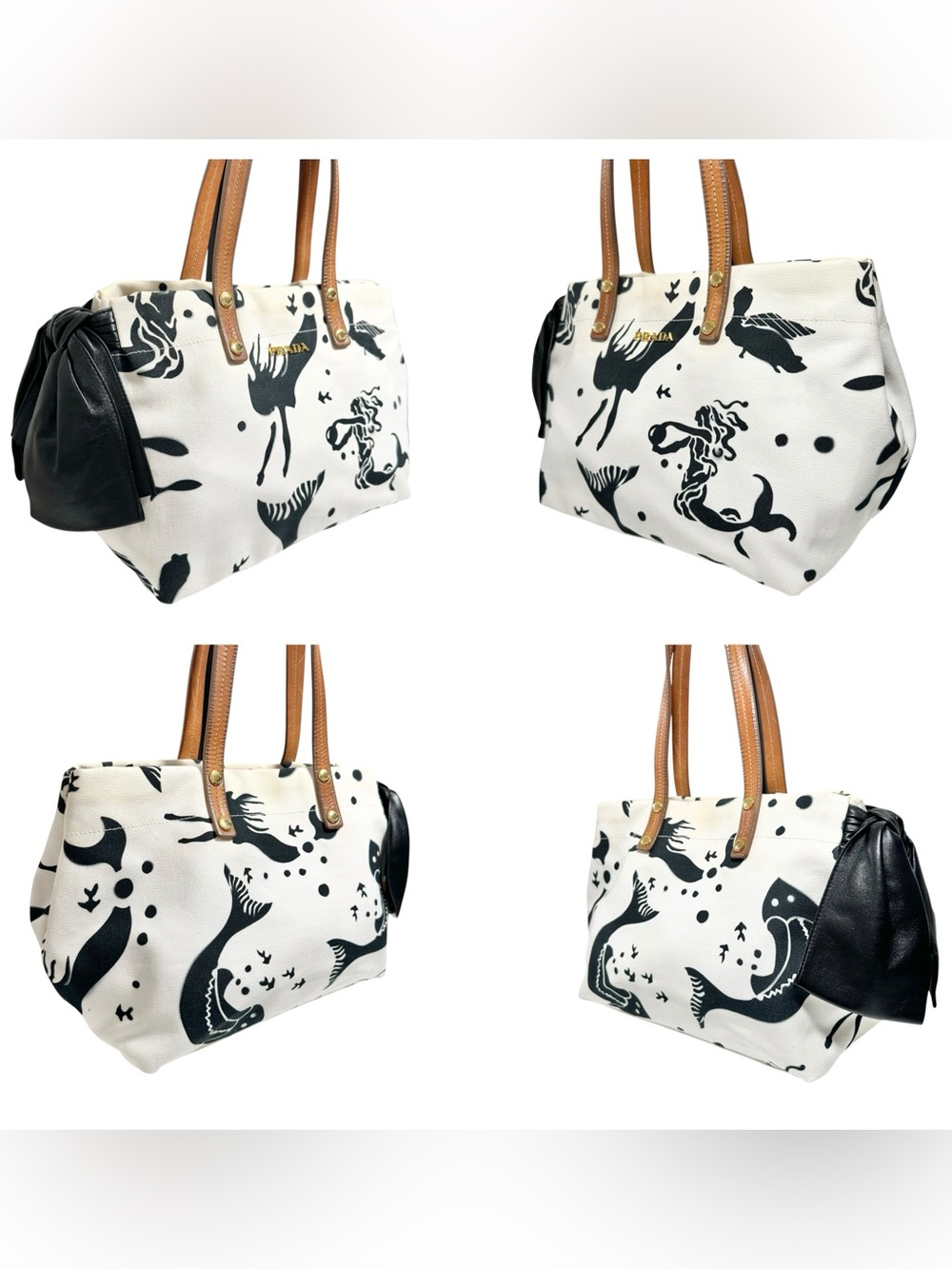 Prada White & Black Mermaid Stampata Canapa & Leather Bow Stampada Bag - Picture 12 of 15